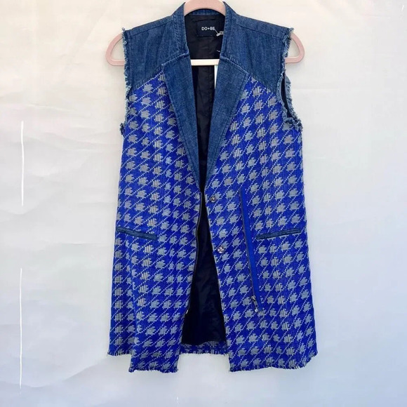 Do + Be Women's Raw Sleeveless Houndstooth Pattern Zip-Up Blue Vest‎ Size S - Picture 1 of 11